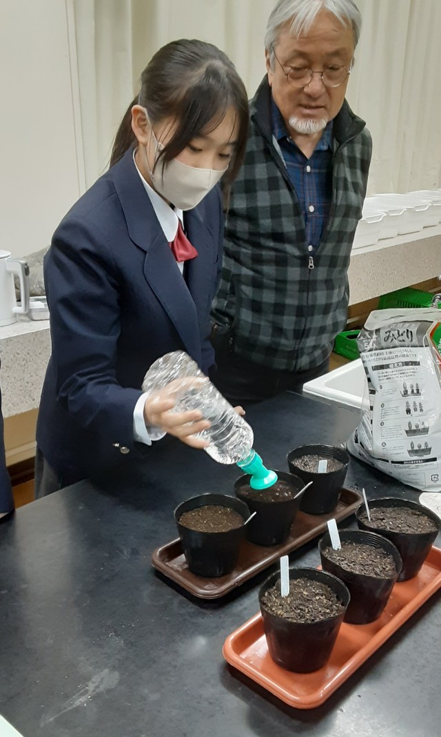 植えた種に水をあげます。